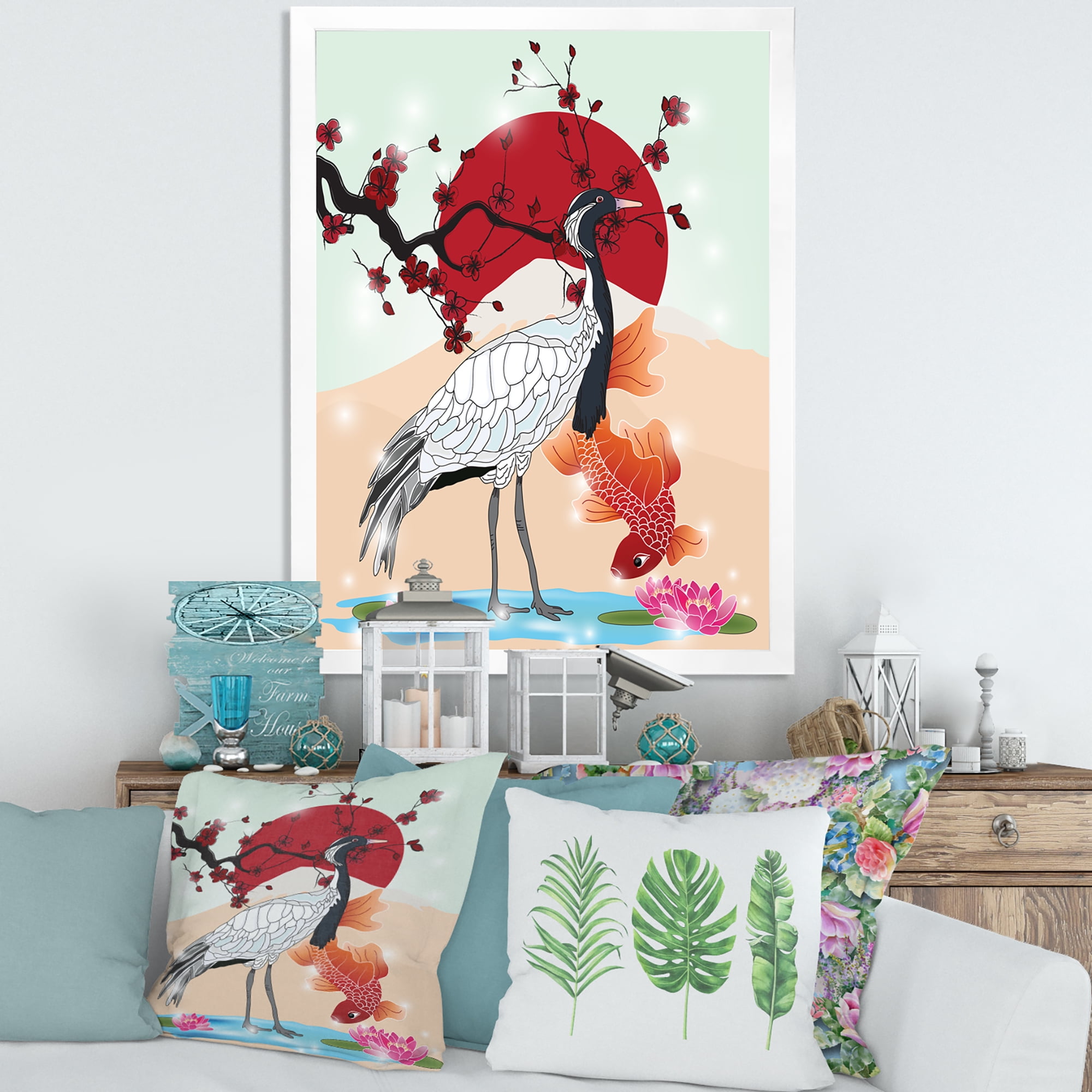 Designart 'Koi Fish With Crane Bird' Farmhouse Framed Art Print