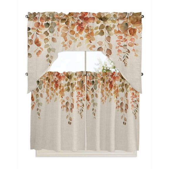 Orange Botanical Kitchen Curtains Swag Valance and Tier Curtains Set 36 Inch Length, Farmhouse Leaf Fall Thanksgiving Rod Pocket Drape Panels Pair Swag Curtains for Bathroom/Cafe/Window
