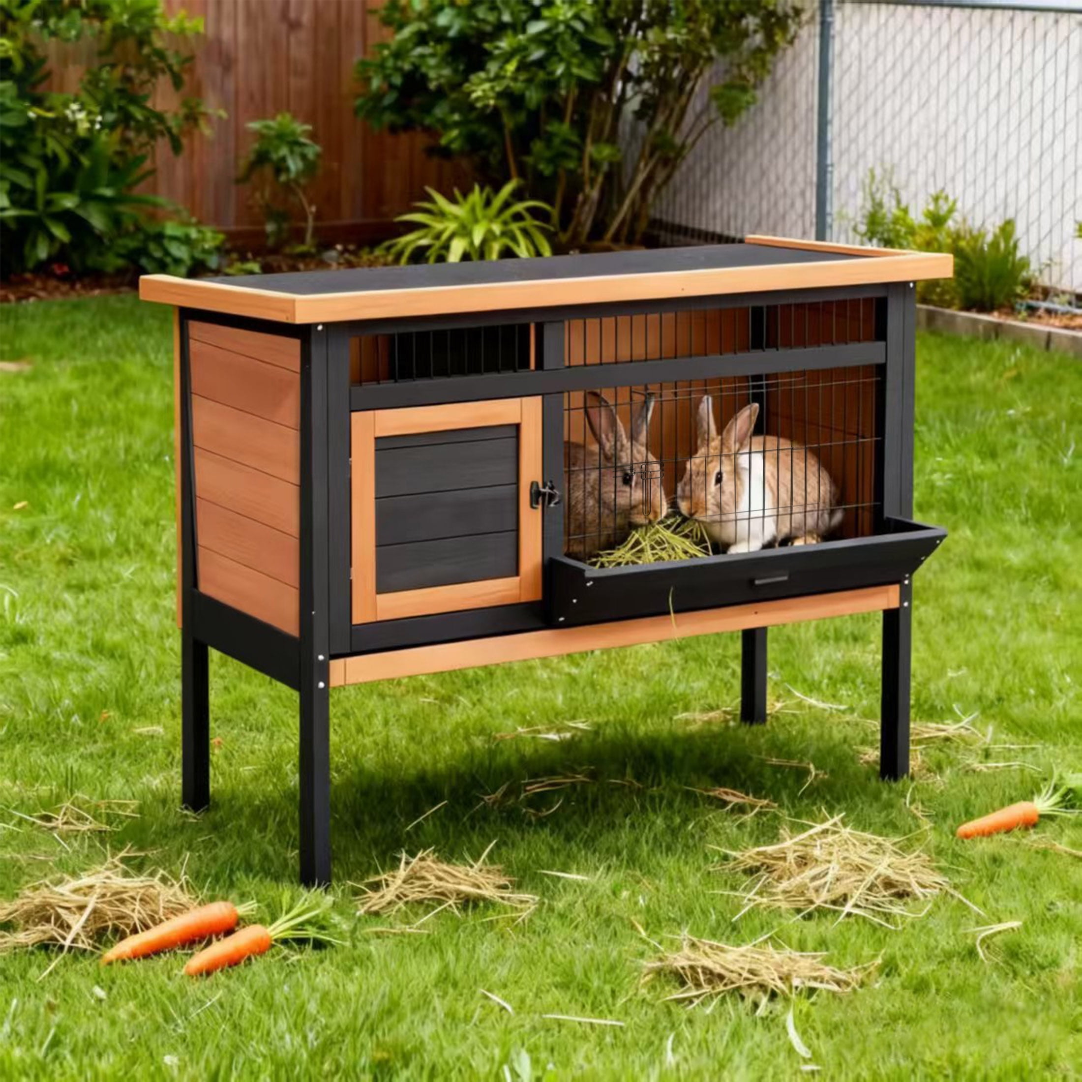 Elevated Rabbit Hutch with Pull-Out Tray,Wire Mesh Guinea Pig Cage with Waterproof Roof,Orange
