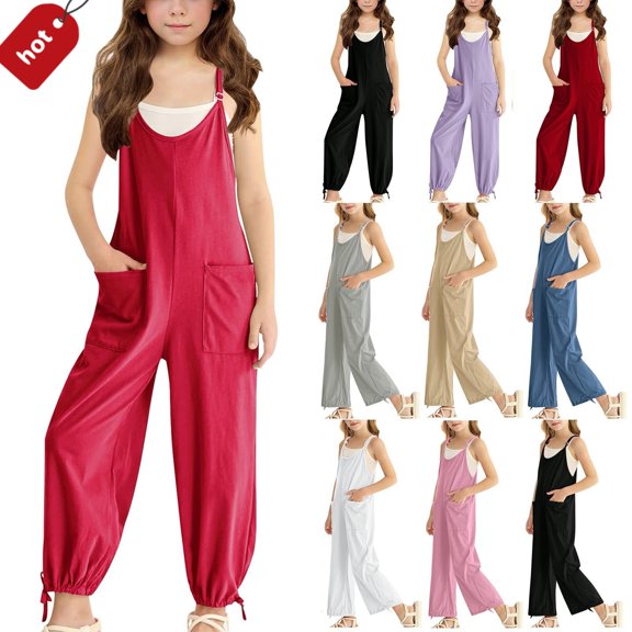 Taqqpue Girl's Casual Sleeveless Jumpsuits Spaghetti Straps Harem Long Overalls Loose Romper Long Pants With Pockets for Kids 5-14Y