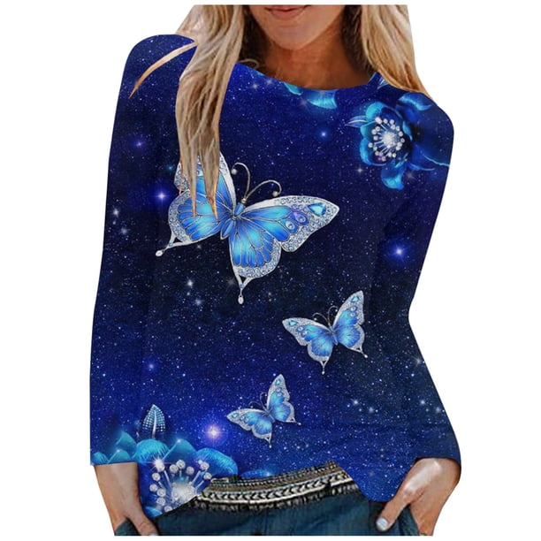 Tops de Mujer Camisas de Manga Larga Moda de Otoño Blusa de Camiseta Informal Con Estampado de Cuello Redondo Odeerbi ODB149174