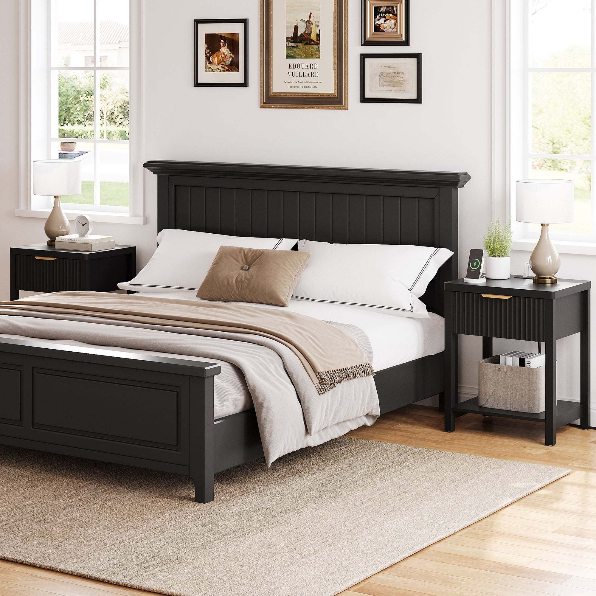Laintene Fluted Nightstand for Bedroom, Fluted Bedside Table with 2 AC Outlets & USB/Type-C Ports, Single Drawer & Open Shelf, Minimalist Wood End Table for Living Room, Black