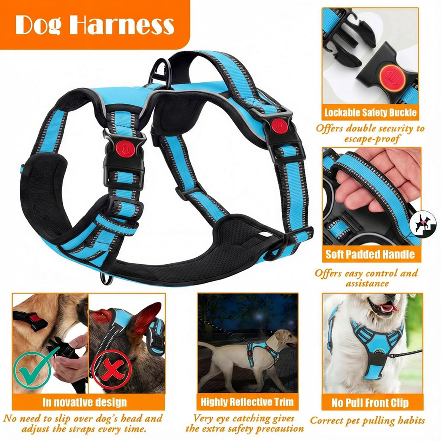 No Pull Dog Harness  Collar & Leash Set With Retractable Seat Belt Collapsible And Poop Bag Dispenser - Ideal For Walking Hiking Fits Small To Large Dogs(blue-m)