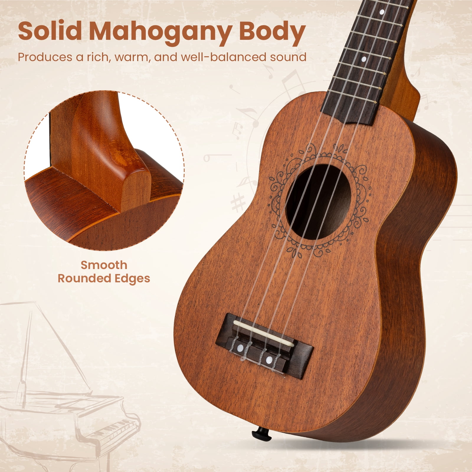 Gymax 21'' Soprano Mahogany Wooden Ukulele Set w/ Gig Bag Pick Adjustable Strap