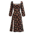 thumbnail image 1 of Womens Dresses Fashion Floral Dress Hepburn Gentle Style Square Neck Long Sleeve Slit Skirt, 1 of 6