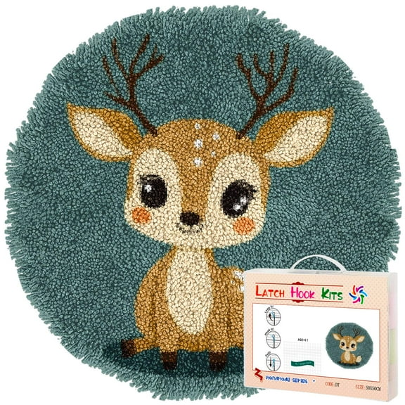 Latch Hook Rug Kit A Cartoon Cute Deer Stamped Handmade Round Shape Carpet Crochet Yarn Craft DIY Hook and Latch Door Mat Tapestry for Home Floor Decor 50x50cm(3)