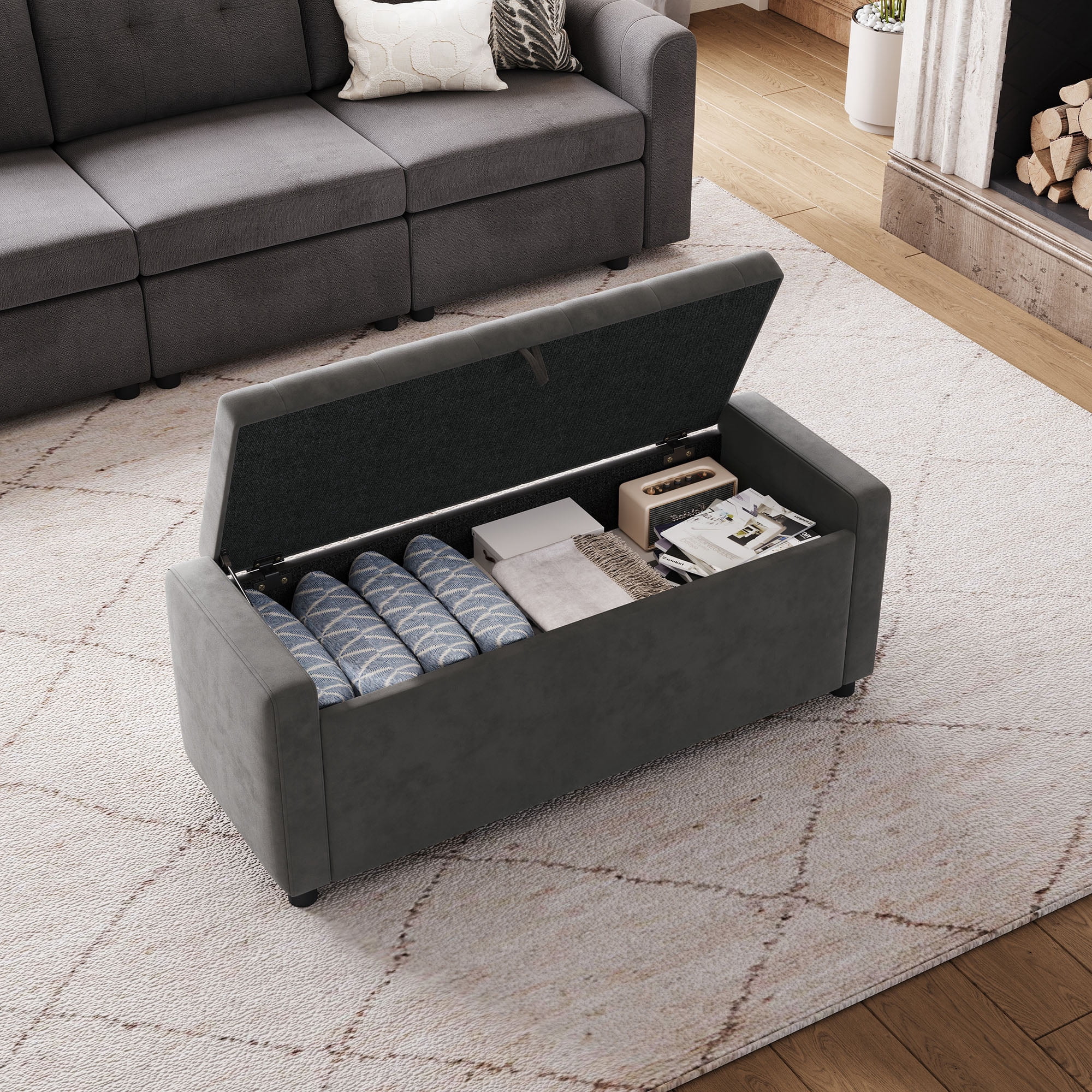 Linsy Home 50" Ottoman with Storage for Living Room, Velvet Storage Ottoman Bench with Gas Lift, Grey