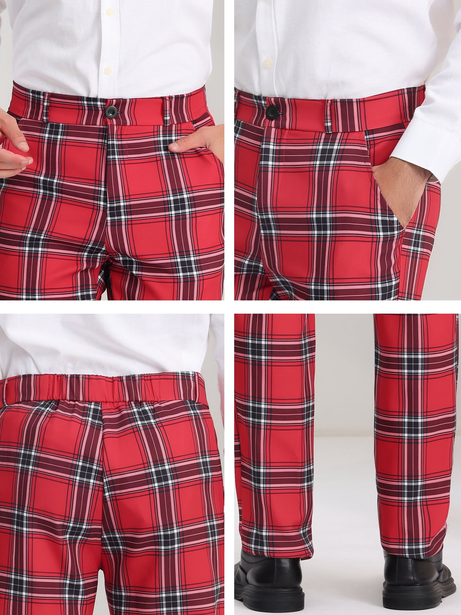 Unique Bargains Men's Checked Suit Pants Flat Front Elastic Waist Plaid Pants 34 Red