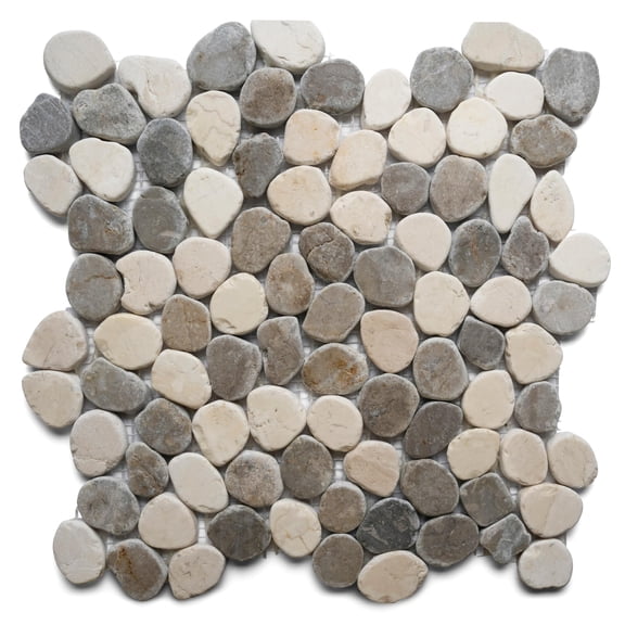 CNK Tile Sliced Mini Stone Oval Marble Mosaic Tile, Grey White, 12" x 12" Polished Natural Stone for Bathroom Kitchen Backsplash Wall Decor