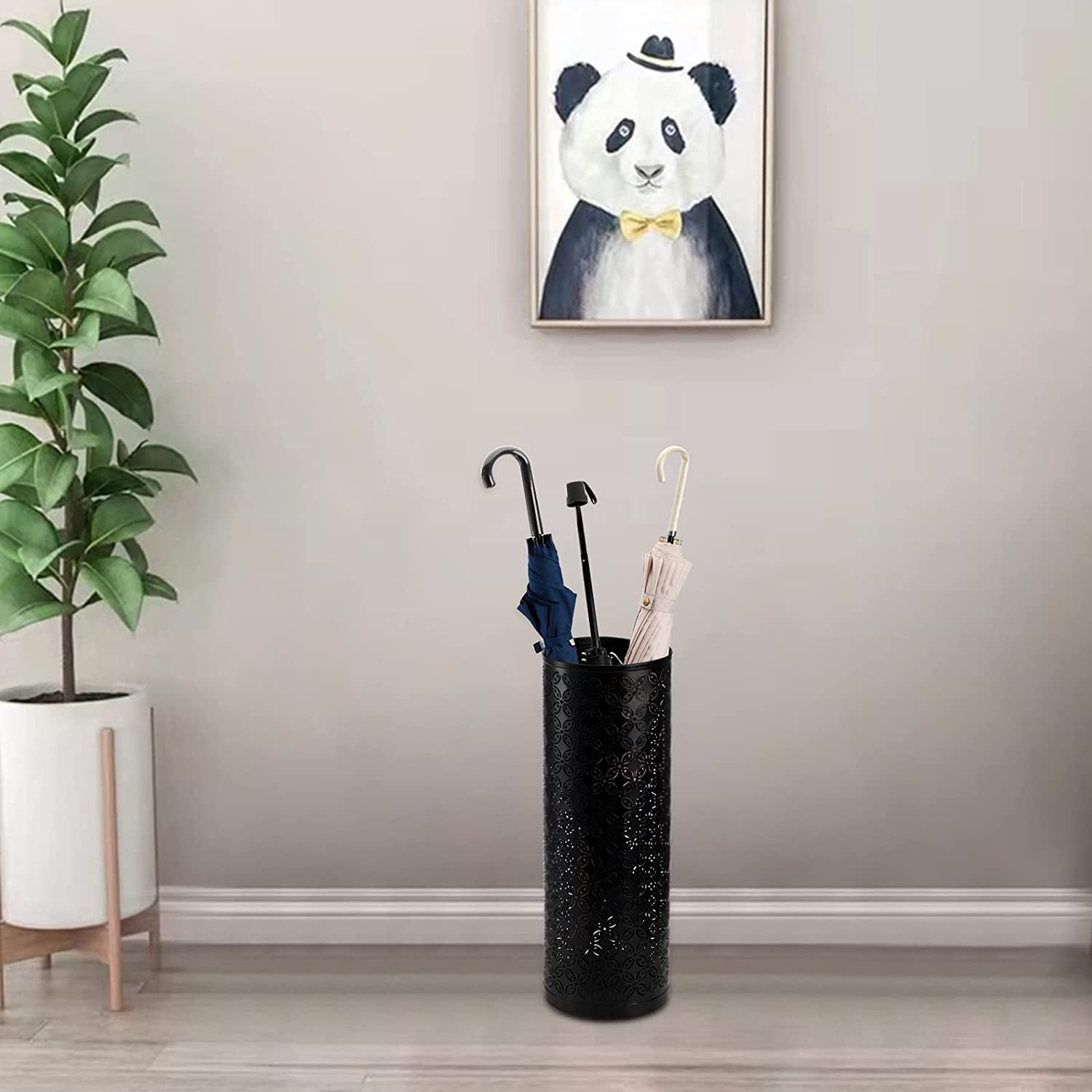 Metal Round Umbrella Stand Rack, Free Standing Umbrella Holder Bin, Canes Walking Sticks Holder for Entryway, Home, Office, Black