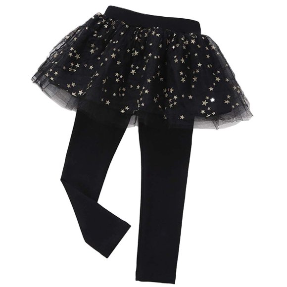 Little Girls Footless Leggings with Tutu Ruffle Twinkle Star Skirt Stretchy Cotton Pantskirt(Black,7T)