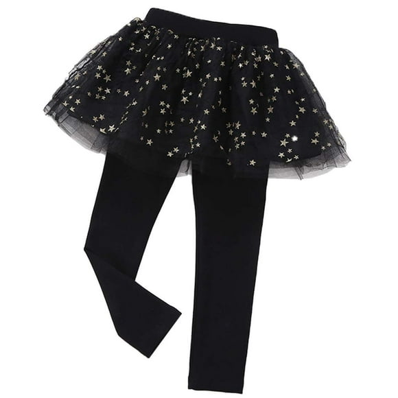 Little Girls Footless Leggings with Tutu Ruffle Twinkle Star Skirt Stretchy Cotton Pantskirt(Black,7T)