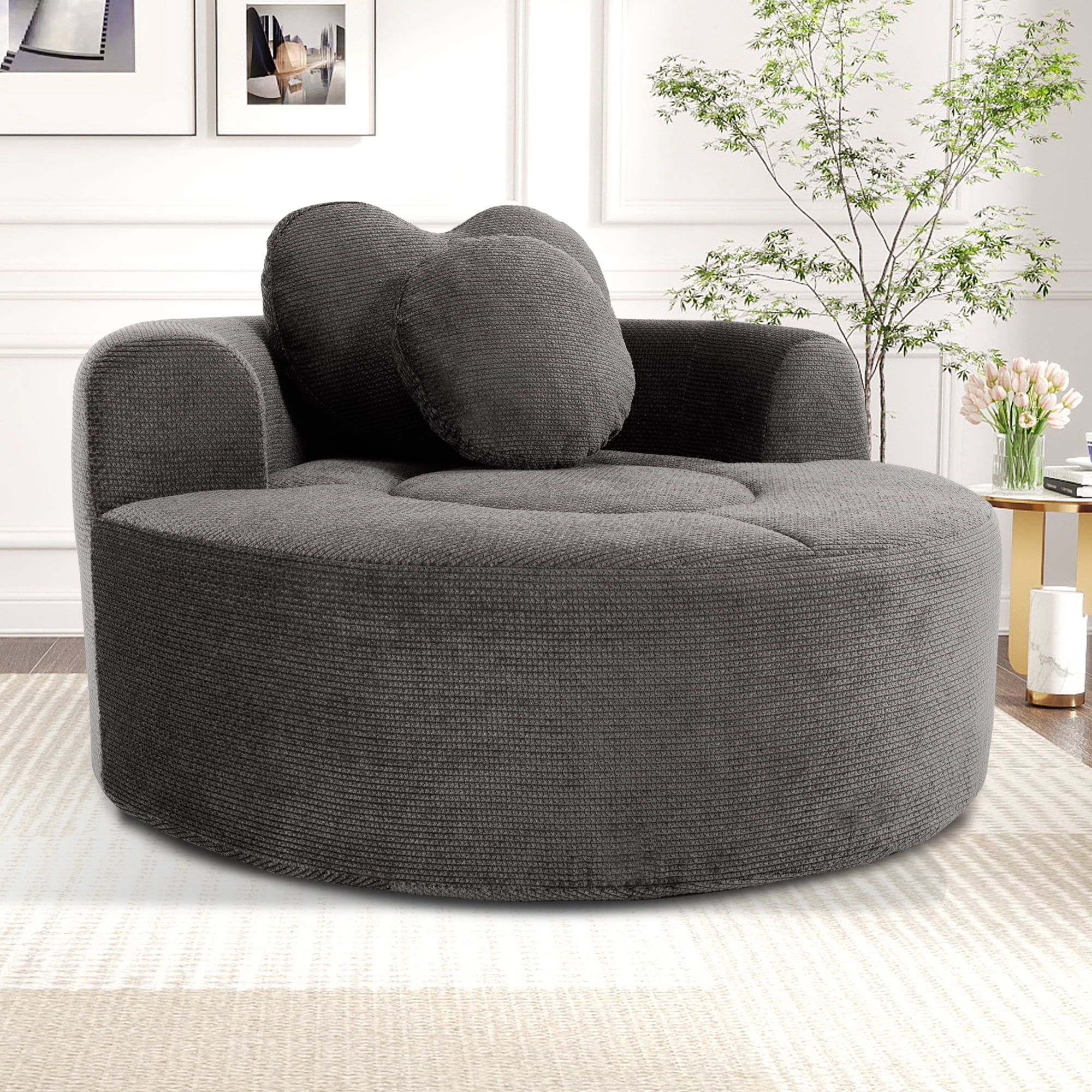 Leumius Oversized Round Chair Lounge Chaise Indoor,Upholstered Round Sofa Bed with Memory Foam,Comfy Cloud Circle Chair with Deep Seat for Living Room Bedroom,No Assembly Required,Black+ Gray