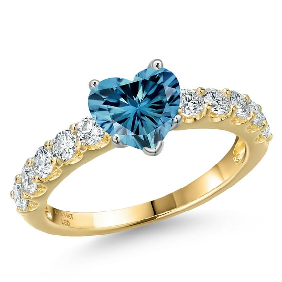 Gem Stone King 14K Two Tone Gold Persian Blue Moissanite and Lab Grown Diamond Engagement Ring for Women (1.72 Cttw, Heart Shape 6.5MM, Gemstone Birthstone, Size 6)