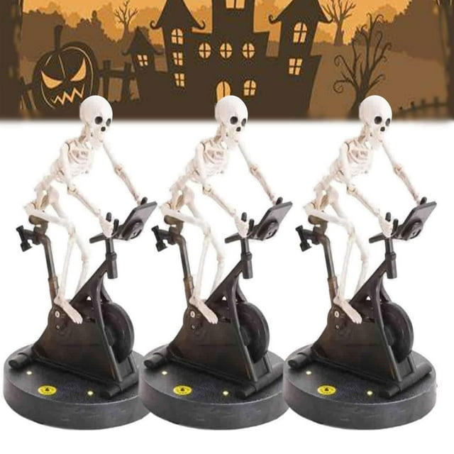 Halloween Decoration Outdoor Indoo Skeleton Riding Bicycle Ornament Small Plastic Skeleton With Posable Movable Joints Halloween Skeleton For House Table Decor C