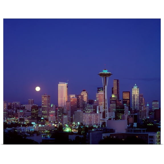 Great BIG Canvas | Rolled Greg Vaughn Poster Print entitled Washington, Seattle, Downtown Skyline With Moonrise Twilight