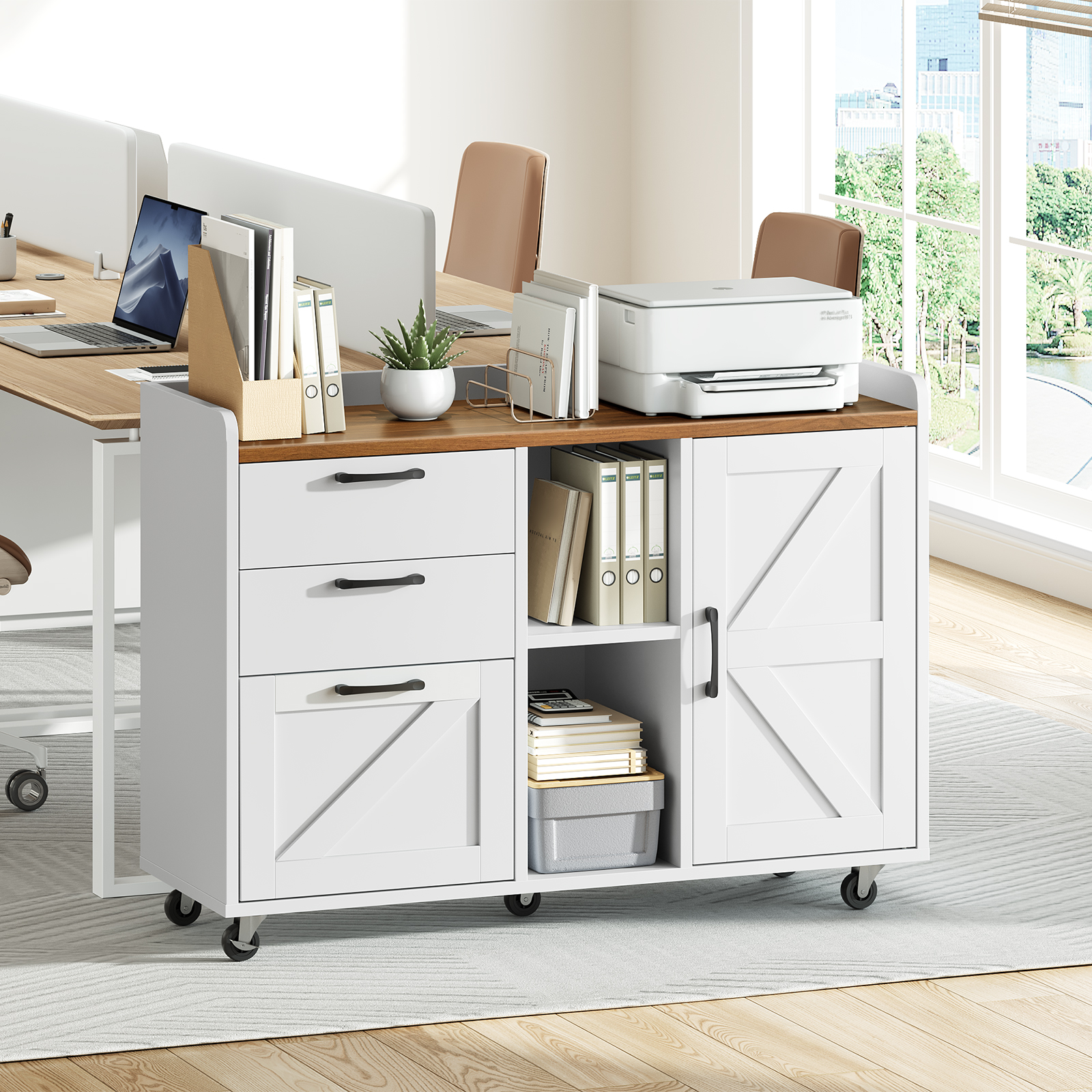 HOOBRO Farmhouse Lateral File Cabinet with 3 Drawers, Door & Charging Station, White