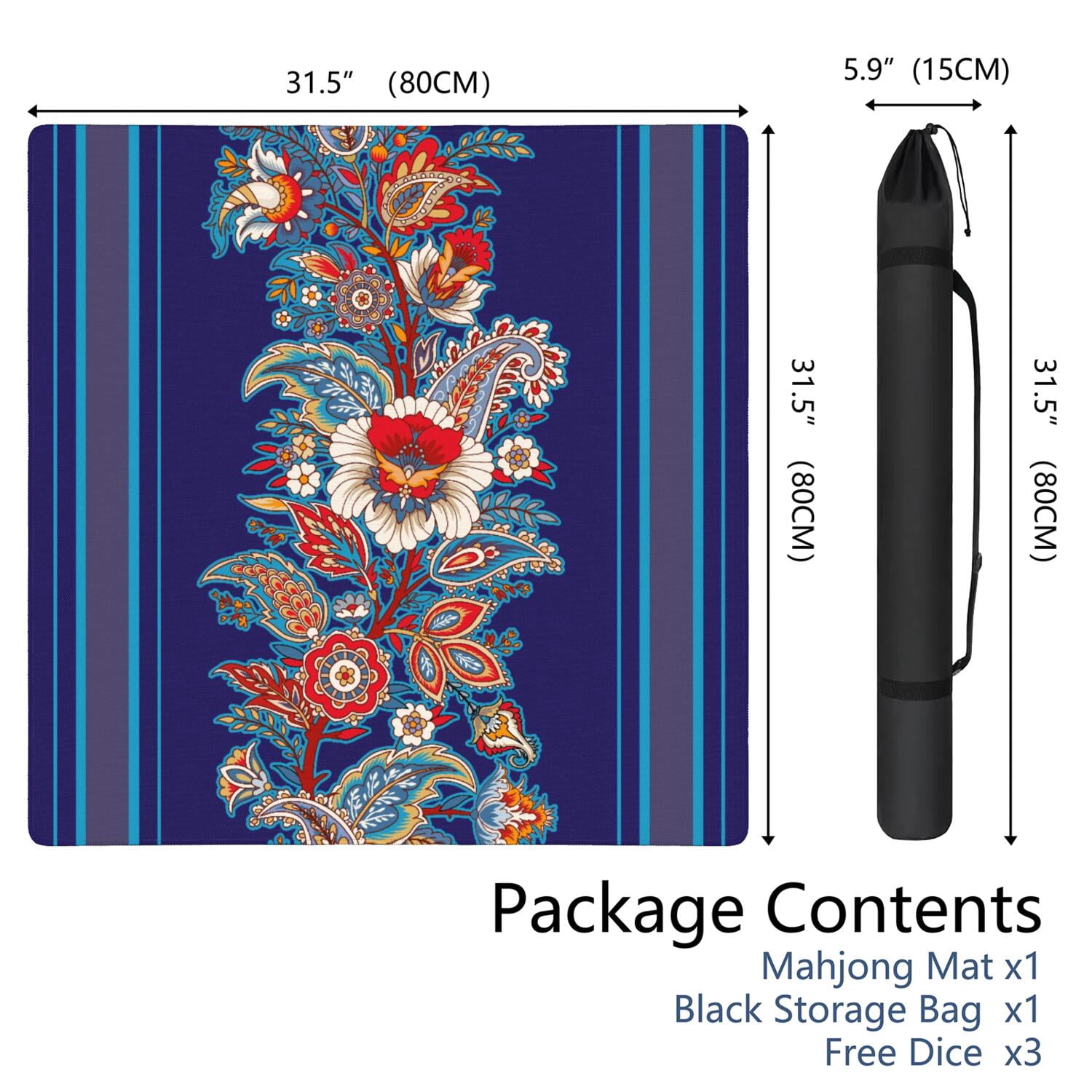 Paisley Mahjong Mat for Table, 31.5*31.5in Anti Slip American Mahjong Table Cloth, Noise Reduction, Neoprene Mah jongg Mat with Carrying Bag & 3 Dices, Mahjong Accessories Gift, Board Tile Games Mats