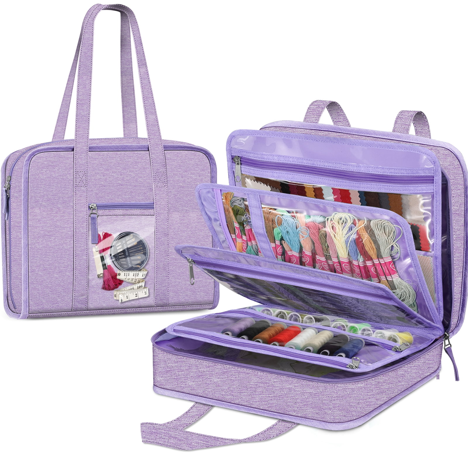 FINPAC Sewing and Craft Supplies Storage Tote Large Capacity Travel Packing Organizer Bag with Clear Pockets and Handle for Knitting Crochet Art Sewing Accessories Lavender