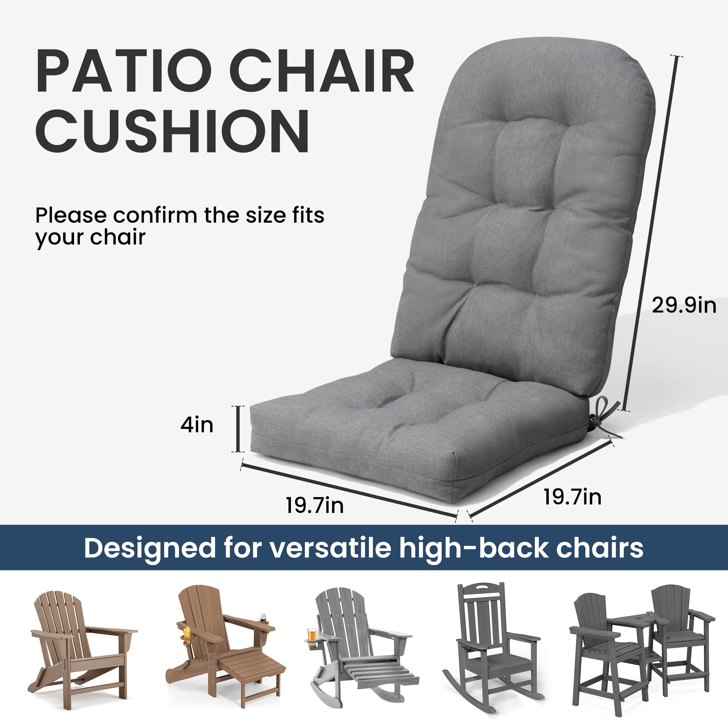 Crestlive Products Adirondack Chair Cushion, Outdoor Rocking Chair Cushion Water Resistant 50x20x4 Inch, High Back Thick Patio Replacement Cushion, Light Gray