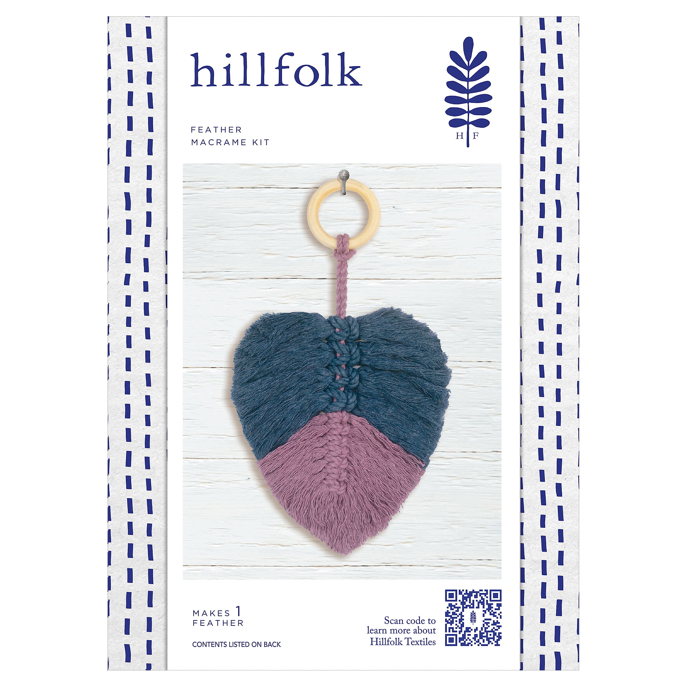 Hillfolk Macrame Feather Kit- Includes Macrame Cording, Wood Cabone Ring For Hanging, And Instructions. Makes One Feather.