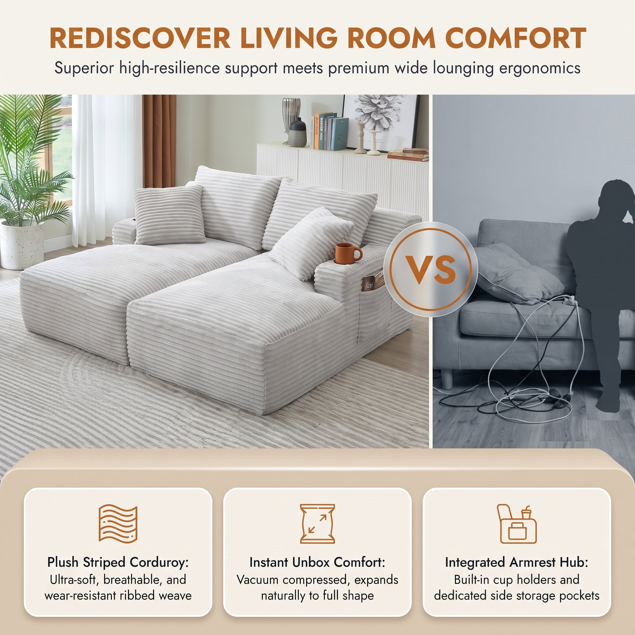 Modular Double Chaise Lounge Chair Indoor, 71" Wide Striped Corduroy Couch Set with Cup Holders & Storage Pockets for Living Room Home Theater, Light Gray
