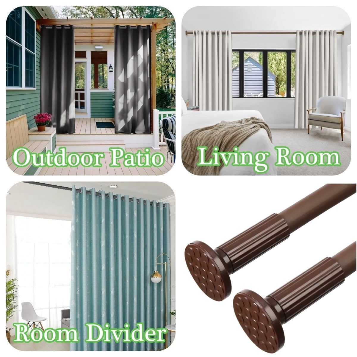 No Drill Tension Rod - Extra Long Room Divider 51-66inch, Adjustable Spring Shower Curtain Rod for Closet/Balcony, Non-slip Telescopic Pole (brown)