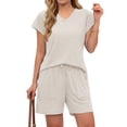 thumbnail image 4 of MOSHU Womens Pajamas Sets V Neck Tops and Drawstring Shorts Sets with Pockets Two Piece Lounge Sets Oufits, 4 of 12