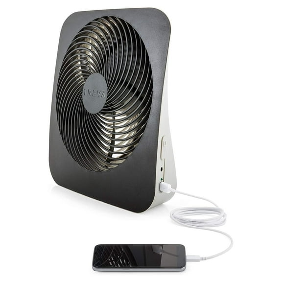 Treva 10-Inch Portable Desk Battery Fan, Powered by Battery and/or Adapter - Air Circulating with 2 Cooling Speeds, With Built In USB Charging Port