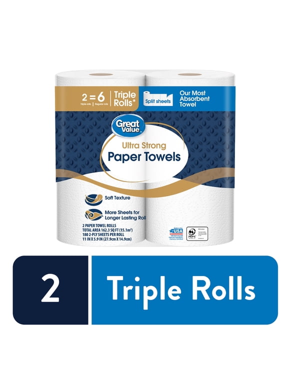 Great Value Ultra Strong Paper Towels, Split Sheets, 2 Triple Rolls
