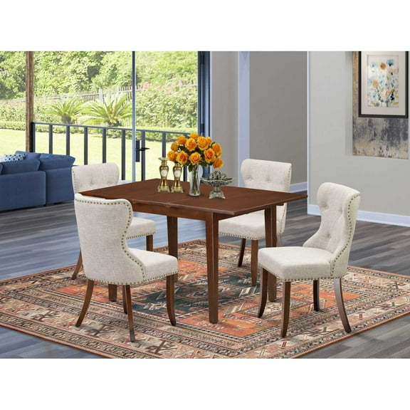 East West Furniture East-West Furniture NFSI5-MAH-35 - A dining table set of 4 fantastic parson dining chairs with Linen Fabric Doeskin color and an attractive 12" butterfly leaf rectangle wooden...