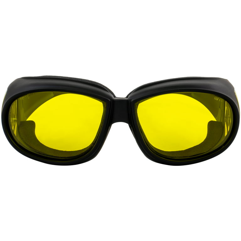 Gafas de sol de seguridad para motocicleta que se adaptan a las gafas.  Lentes amarillas cumplen con las normas ANSI Z87.1 para gafas de seguridad  con