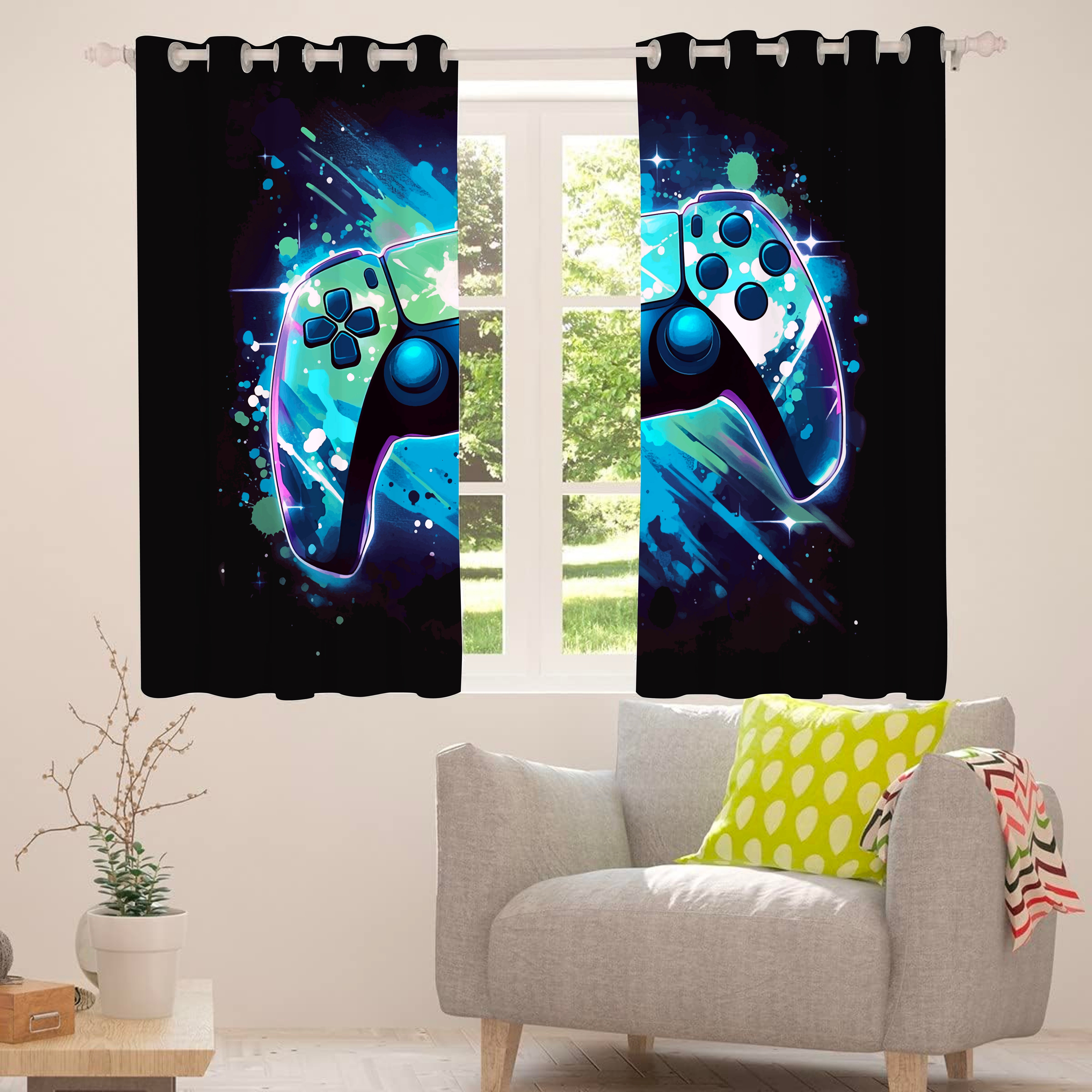 Psoiuetr Gamepad Blackout Curtains Teens Boys Kids Gaming Video Game Room Bedroom Living Room Decor Darkening Window Treatments Drapes Grommet Blue 2 Panel 52" W x 63" L