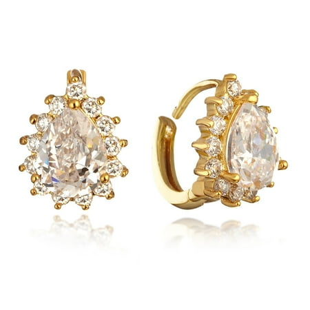 Crystal Hinge - Gemini Ladies 18K Gold Filled Crystal Perfect Hinged Hoop Small Huggie Oval Heart Earrings 184 ,Color: Crystal