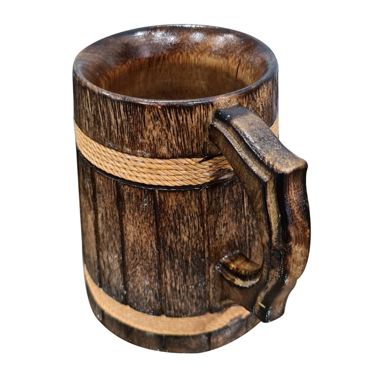 Viking Cup Darware Teak Wood Coffee Mugs Set Of 2  16oz, Enamel Lined,  Rustic Beer Stein Style Rustic Beer Mugs