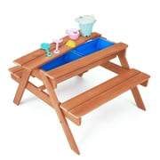 Teamson Kids Outdoor Multipurpose Pine Wood A-Frame Picnic Table and Attached Benches with 2 Sensory Activity Bins for Sand and Water Play Plus Accessories, Warm Cherry/Blue