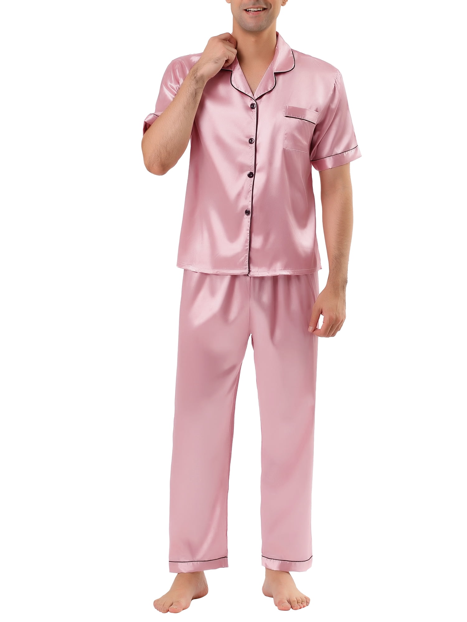 Unique Bargains Men's Button Down Satin Pajama Sets Short Sleeves Nightwear Large Pink