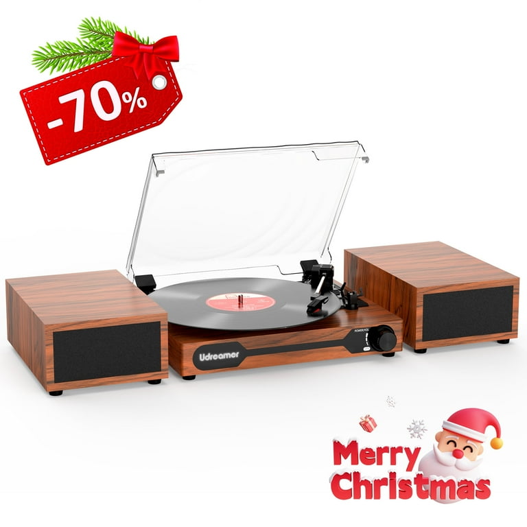Udreamer turntable with 2 dual stereo speakers, vintage turntable Bluetooth 5.3 supports 3 speeds, AUX-in, RA-line, USB, wireless playback, Yellow