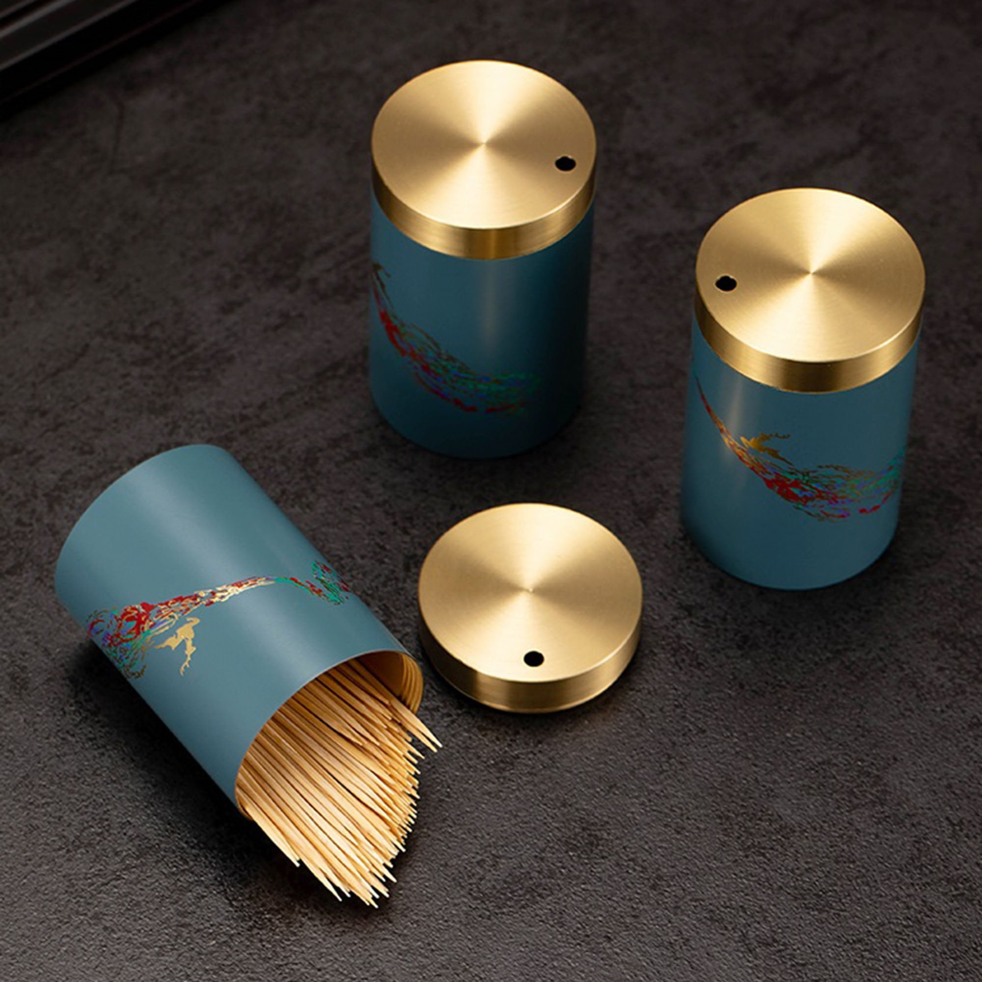 Brass Toothpick Holder Tooth Picks Dispenser Container for Table Hotel Restaurant, Blue