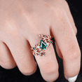 thumbnail image 2 of Vintage Kite Emerald Bridal Wedding Ring Set in 14K Rose Gold Vermeil- Unique Green Gemstone Promise Ring Cluster Ring, 2 of 6