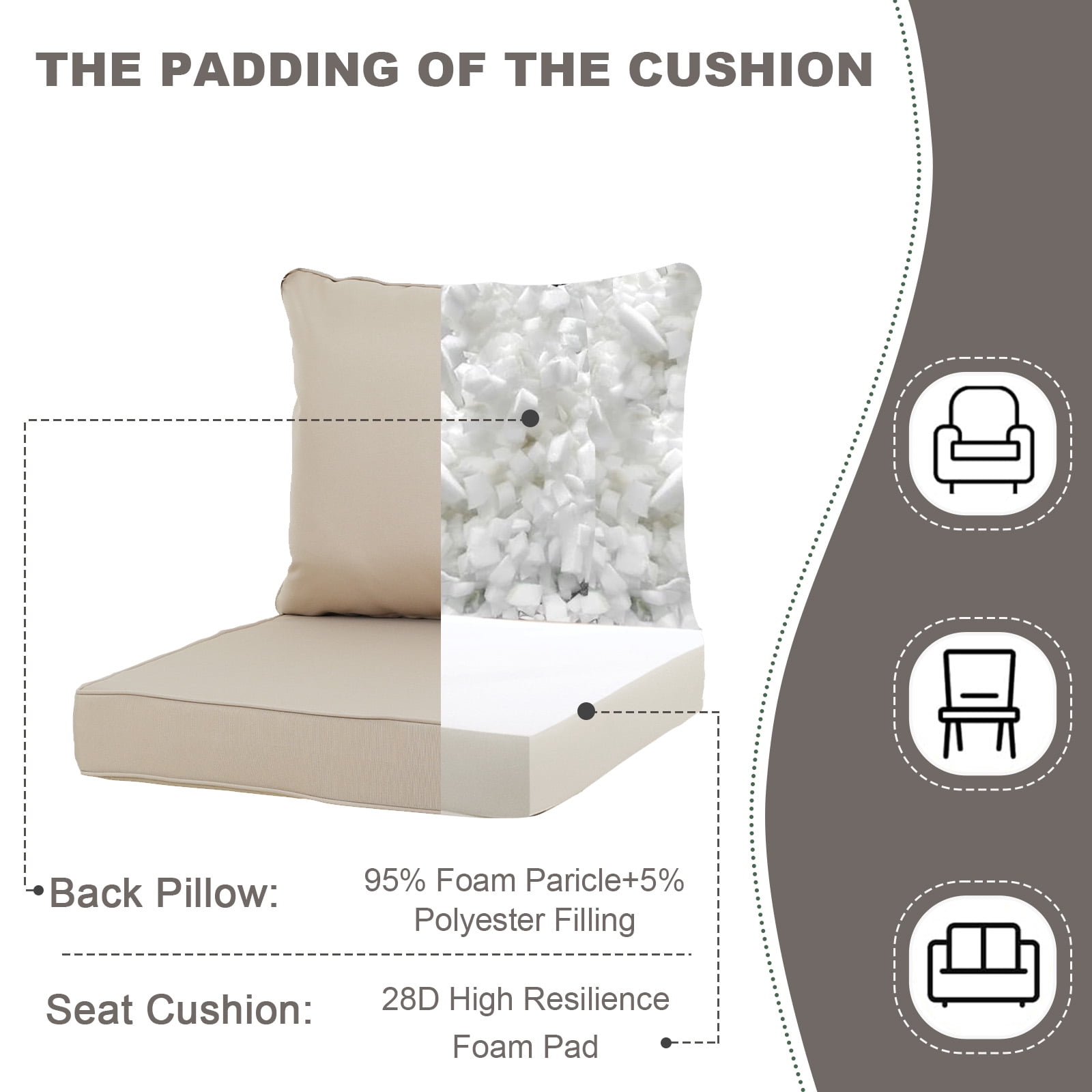 24 x 24 Inch Outdoor Deep Seat Cushion Set - Waterproof Fade-Resistant Patio Furniture Cushions with Removable Covers, Adjustable Straps & Handles for Chairs, Sofa, Couch (2-Piece)