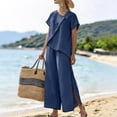 thumbnail image 4 of Pounoo Cotton Sets for Women 2 Piece Asymmetric Wrap Neck Single Button Short Sleeve Tops Contrast Edge Wide Leg Pants Casual Daily Outfits Gift, 4 of 6