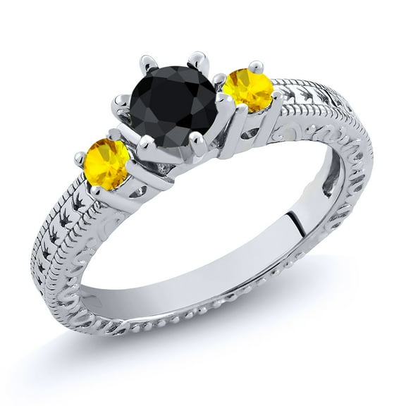 Gem Stone King 0.96 Ct Round Black Sapphire Yellow Sapphire 925 Sterling Silver Ring (Size 7)