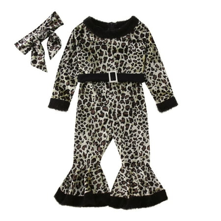 

Rovga Kids Girls Baby Toddler Bodysuits Long Sleeve Leopard Prints Romper Bell Bottoms Flare Jumpsuit Headbands Set