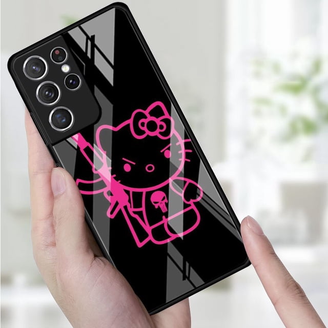 Funda de teléfono para Samsung Galaxy S22, S21, S20 Ultra FE, S10, S8, S9 Plus, S10e, Note 20, 10, 9, cubierta de vidrio templado, lindo gato de Hello Kitty zhangmengya LED