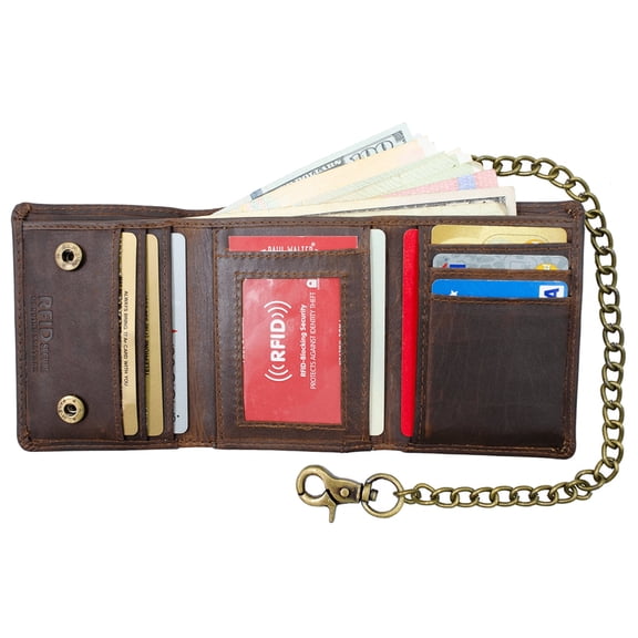 Men Biker Long Chain Trifold Wallet in Vintage Hunter Leather
