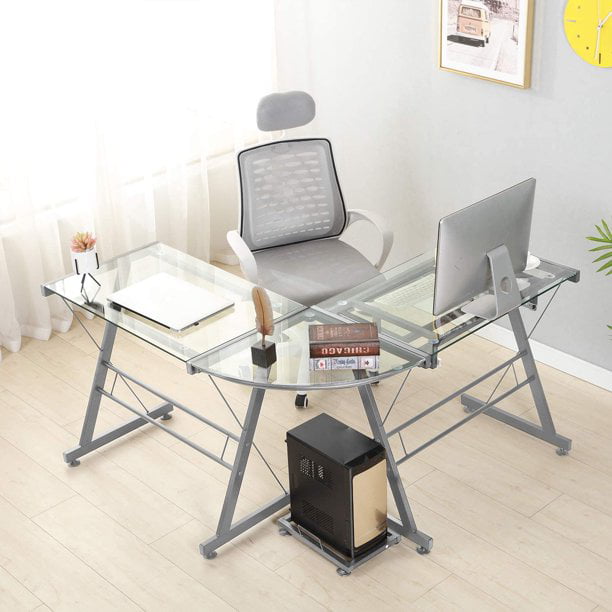 Soges L-Shaped Desk with Tempered Glass Computer Desk with Mainframe and Keyboard Multifunctional Computer Table,Clear UT-844-CA