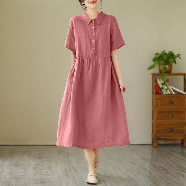 Liquidation d'Été 2025! Robe Grande Taille pour Femmes, Liquidation d'Été pour Femmes, Robes d'Été Décontractées Col Rabattu Manches Courtes Unies pour Femmes