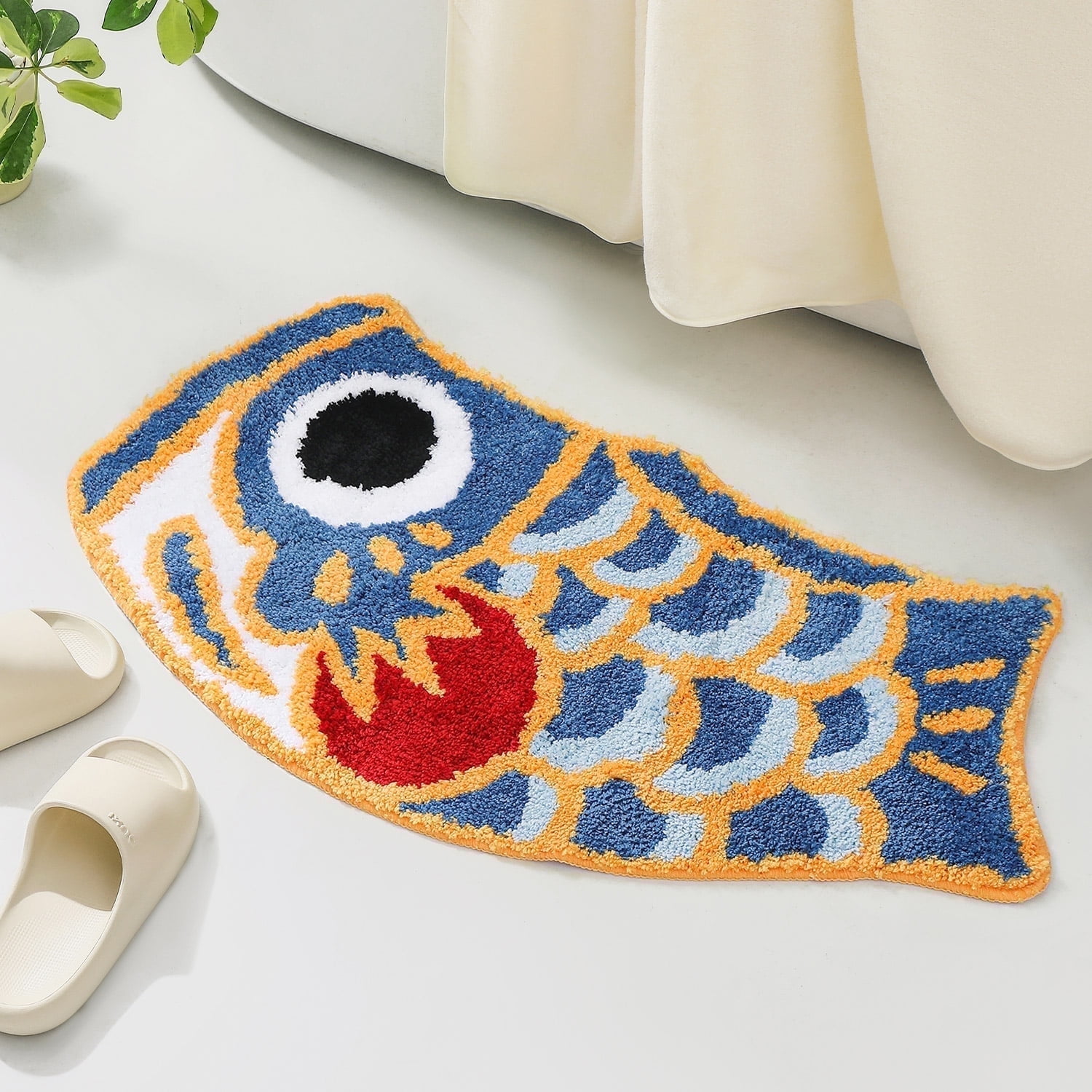 Feblilac Cute Fish Bath Mat For Bathroom, Japanese Koi Flag Soft Water Absorbent, Non-Slip, Machine Washable (Blue)