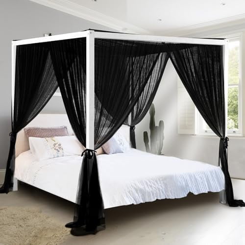 Black Canopy Bed Curtains, 4 Corner Post Bed Canopy for Girls & Adults, Top Luxurious Bed Drapes for Bedroom Decoration, 4 Openings, 100% Ripstop Polyester, Easy Install, King/Queen Size